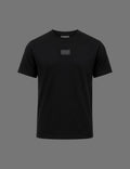 Premium black BLACOIR crew neck t-shirt featuring a tonal BLACOIR Paris chest patch, relaxed fit, short sleeves, and minimalist luxury design on a neutral grey background.