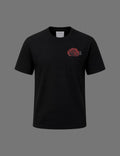 Premium black BLACOIR Rosemark Pocket Tee featuring a red rose graphic emerging from a chest pocket, crew neckline, short sleeves, and minimalist luxury styling on a neutral grey background.