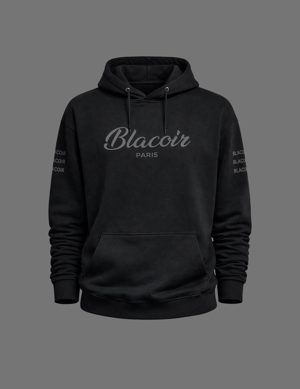 Black hoodie with 'Blacoir Paris' branding on a gray background