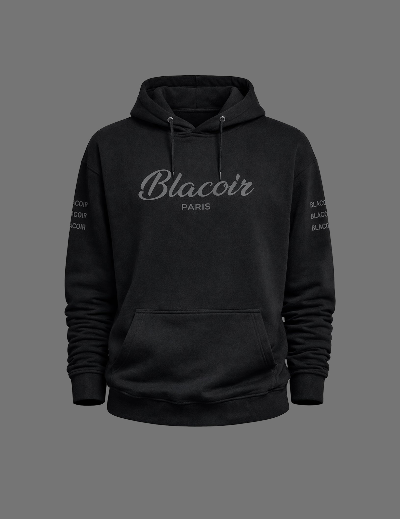Black hoodie with 'Blacoir Paris' branding on a gray background